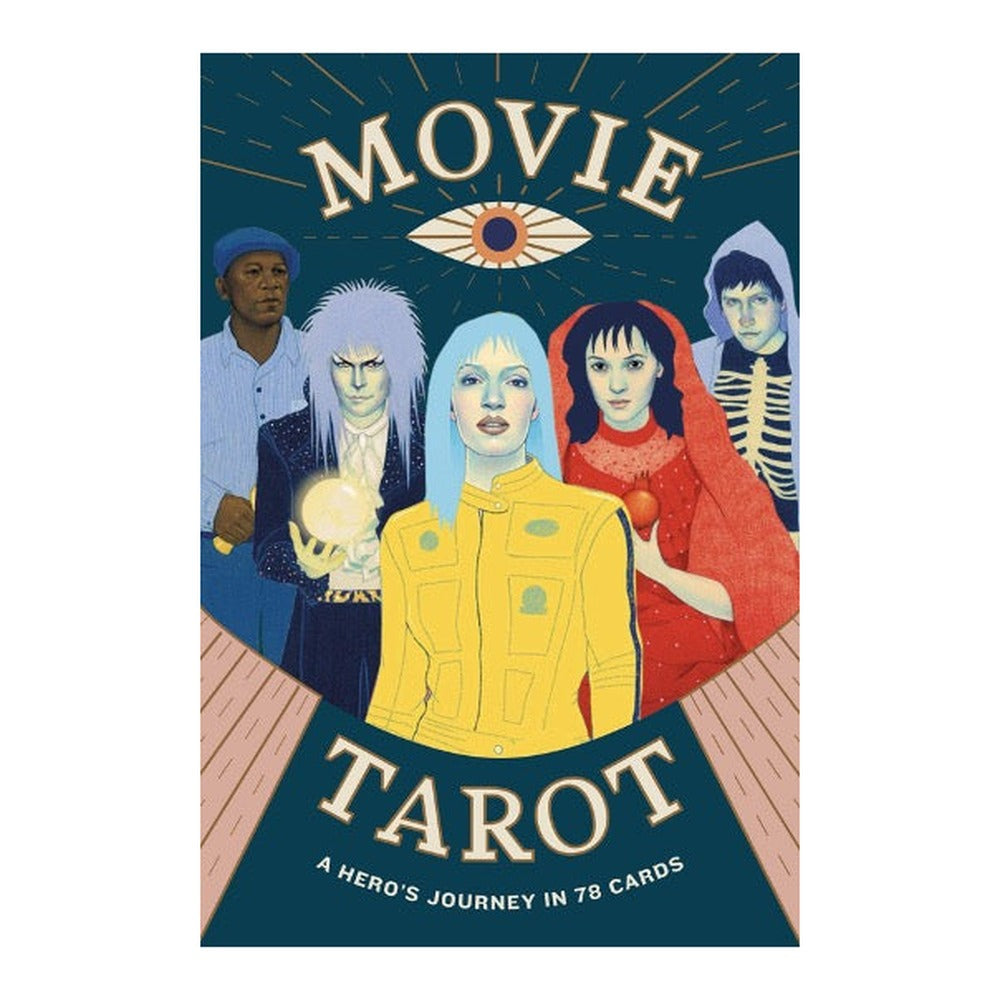 Movie Tarot box cover with illustrated film characters beneath an eye motif, A hero's journey in 78 cards