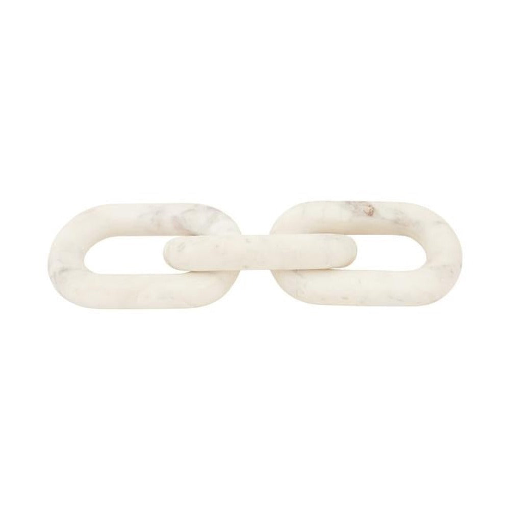 White marble chain sculpture with three interlocking oval links and soft gray veining