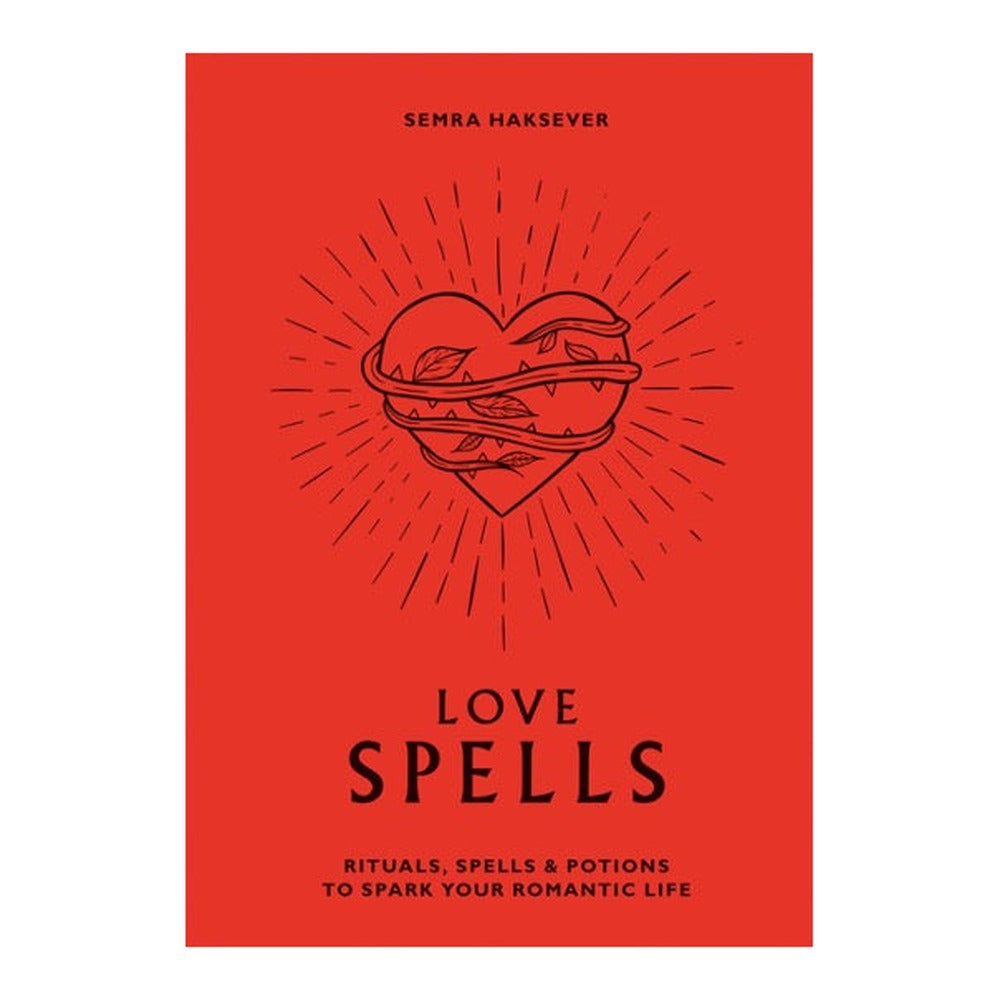 Love Spells book by Semra Haksever, red cover with a black line drawing of a heart wrapped in a thorny vine
