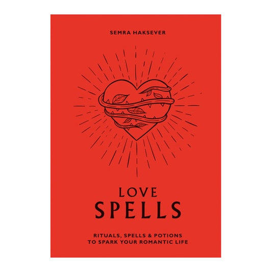 Love Spells book by Semra Haksever, red cover with a black line drawing of a heart wrapped in a thorny vine