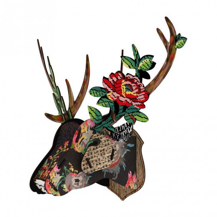 Eco deer head wall trophy with a black floral pattern, wooden antlers and a large red cross-stitch style rose