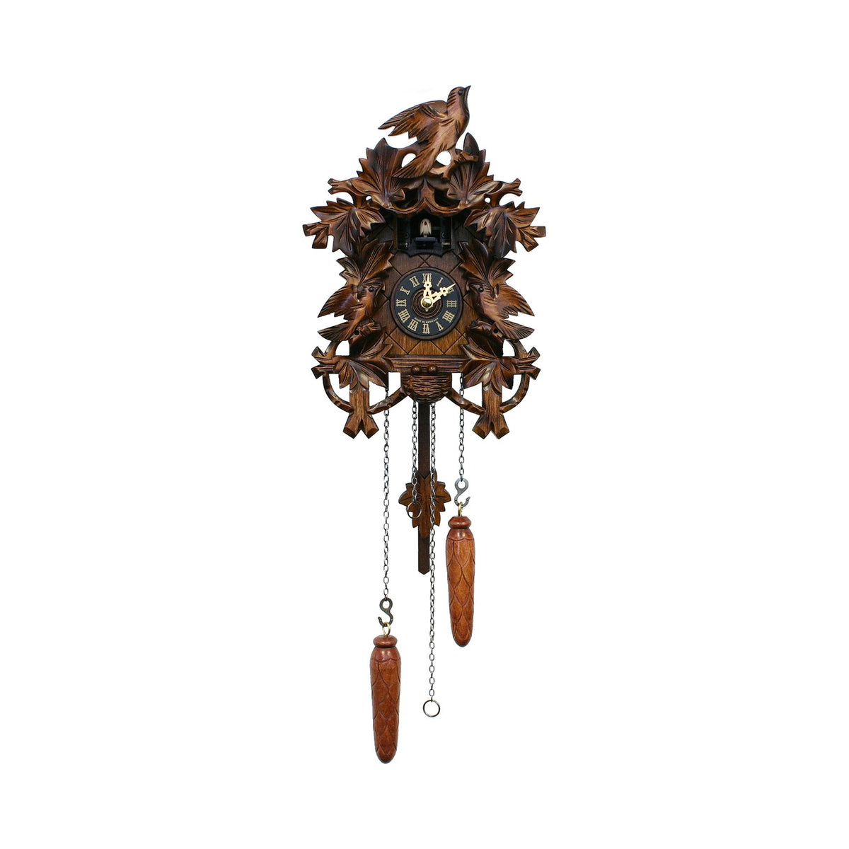 Oak leaf Black Forest cuckoo clock with carved bird