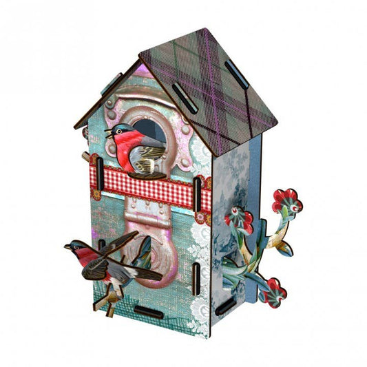 Playmates bird house in printed teal wood with a plaid roof, red gingham band and cutout red-breasted birds