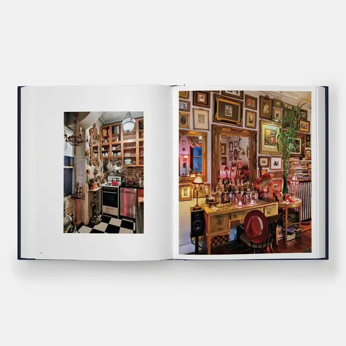 Hotel Chelsea book spread showing a packed kitchen and a gallery wall of framed art over a vanity
