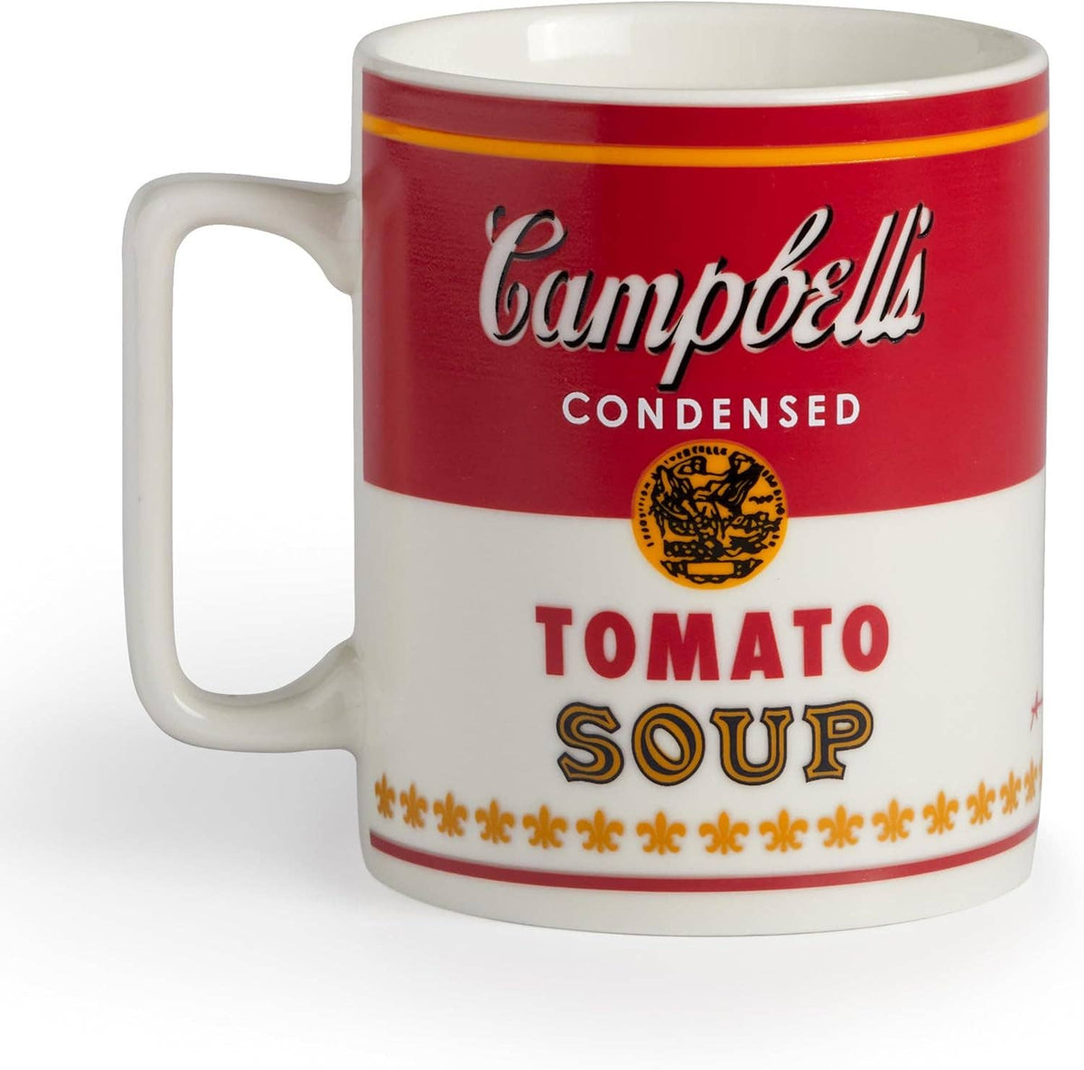 Warhol soup can mug in its hot state, showing the classic red and white Campbell's Tomato Soup label