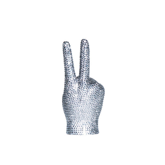 Graphite rhinestone peace sign hand, a 9 inch hand sculpture covered in silver-gray rhinestones