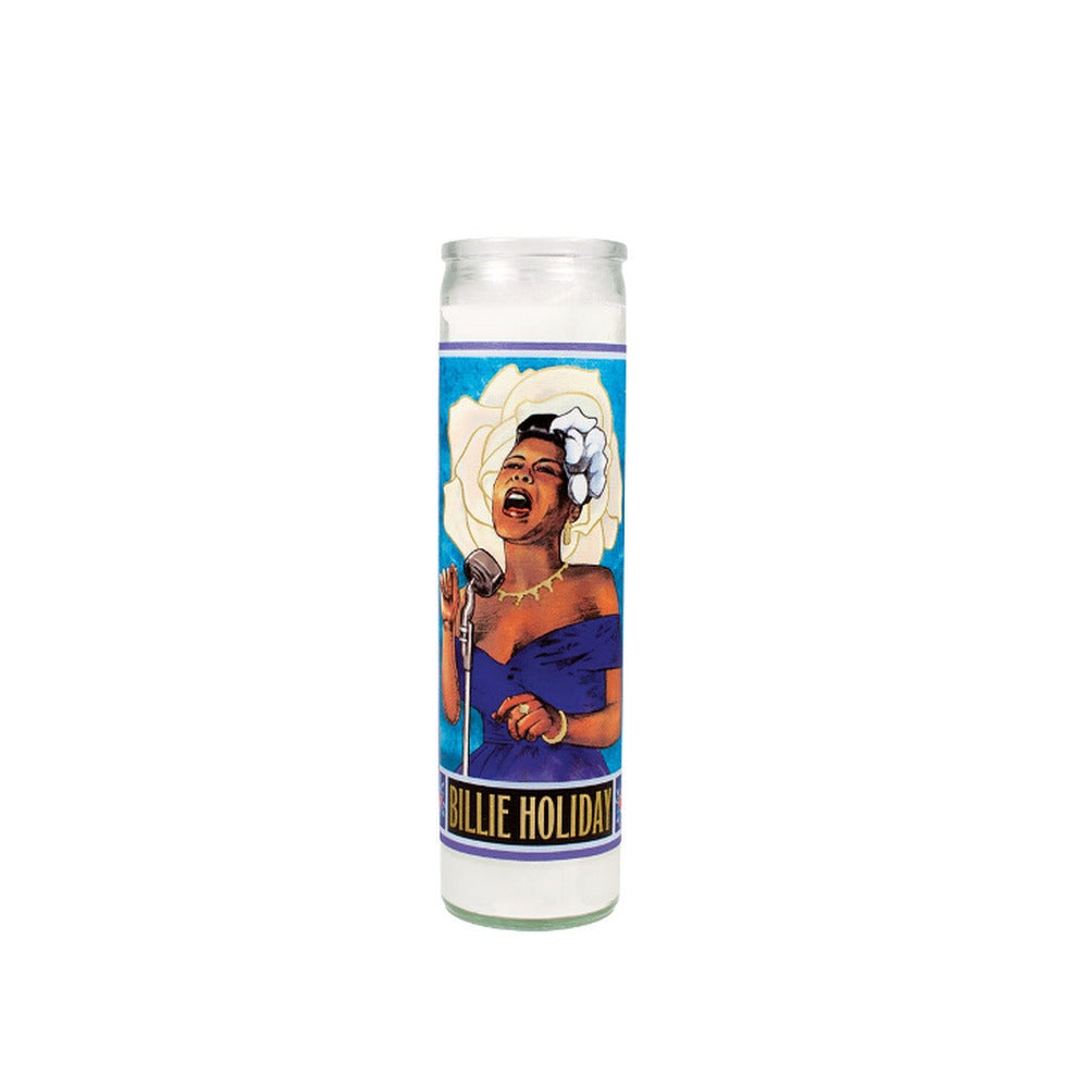 Billie Holiday Secular Saint candle, tall glass pillar with her portrait singing at a mic before a white rose