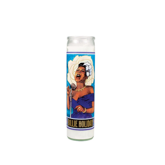 Billie Holiday Secular Saint candle, tall glass pillar with her portrait singing at a mic before a white rose