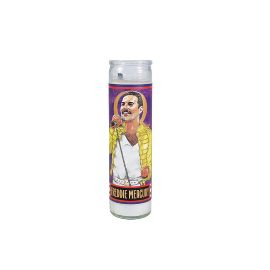 Freddie Mercury secular saint candle, tall glass prayer candle with his portrait in a yellow jacket