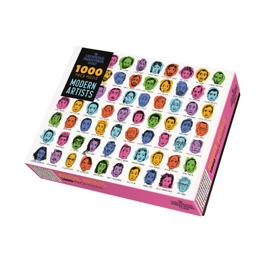 Modern Artists 1000 piece puzzle box with rows of colorful illustrated artist portraits and a pink side