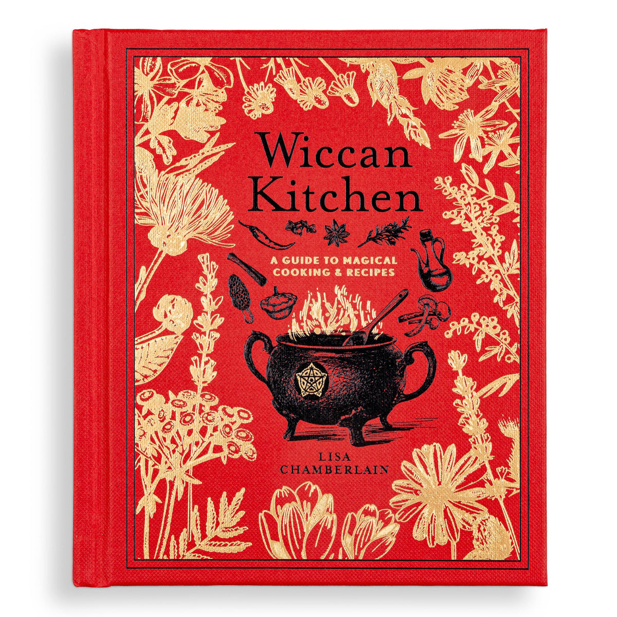 Wiccan Kitchen front cover flat, red with gold flowers and a black cauldron with pentacle