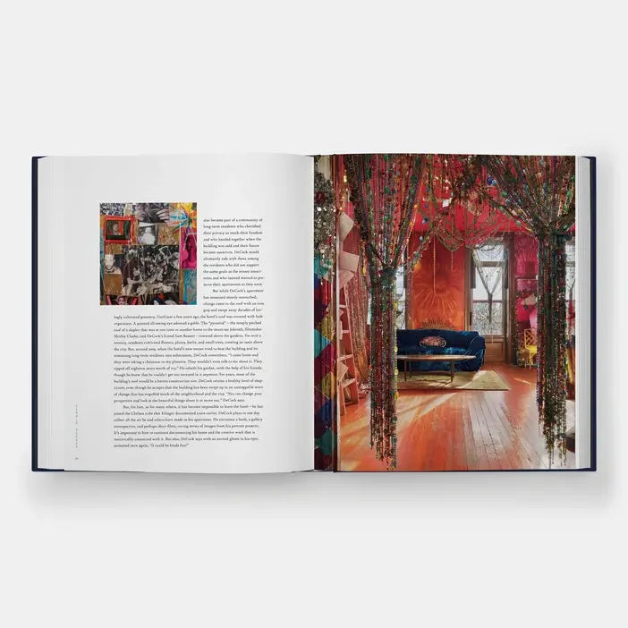 Hotel Chelsea book spread showing a red room hung with beaded strands and a blue sofa