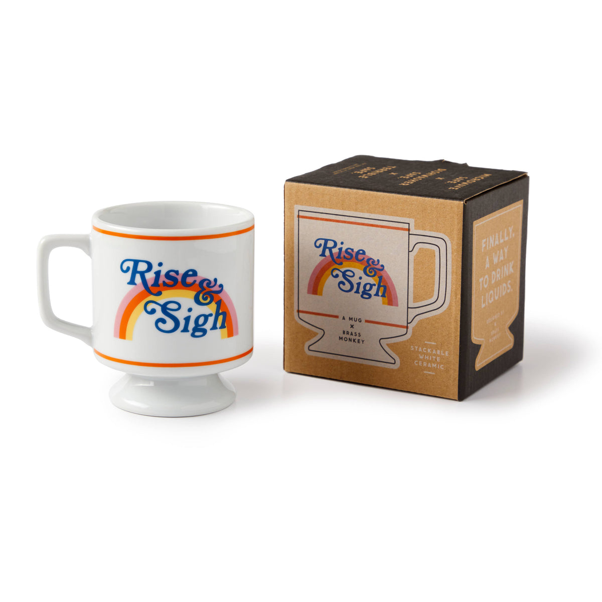 Rise & Sigh pedestal mug beside its kraft and black gift box printed with a matching mug illustration