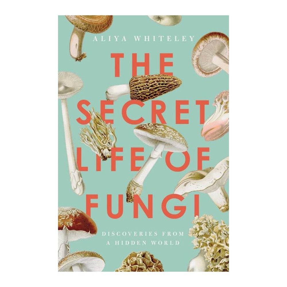 The Secret Life of Fungi by Aliya Whiteley, mint cover with vintage mushroom illustrations and coral title