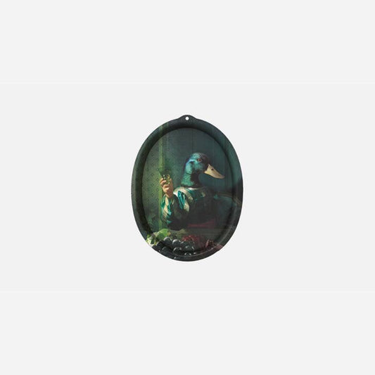 Achille oval tray printed with a portrait of a mallard-headed figure in a striped jacket against dark green
