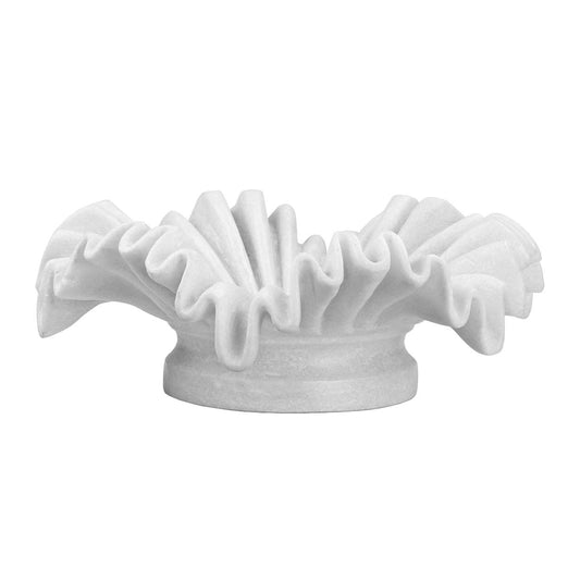Saxon bowl in white marble with a ruffled, wavy rim on a round pedestal base, side view