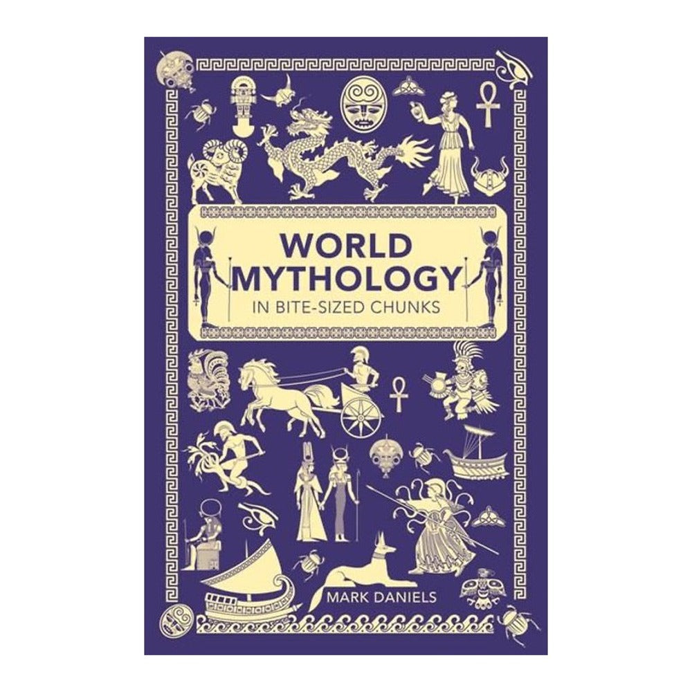 World Mythology in Bite-Sized Chunks by Mark Daniels, purple cover with cream mythological figures
