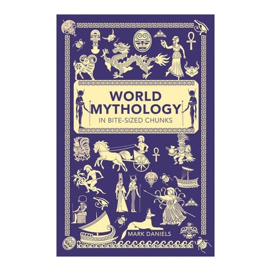 World Mythology in Bite-Sized Chunks by Mark Daniels, purple cover with cream mythological figures