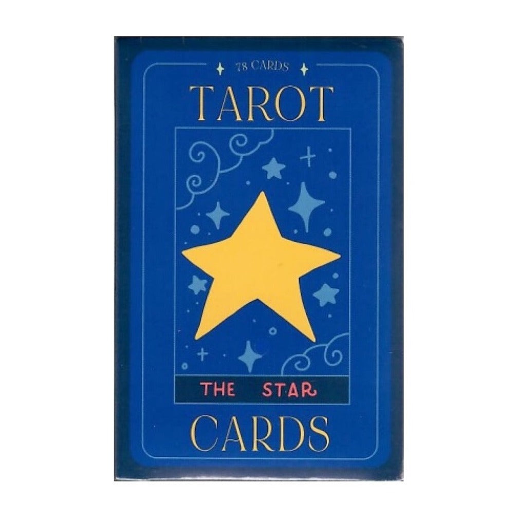 Tarot cards The Star deck box in blue with a large yellow star, 78 cards