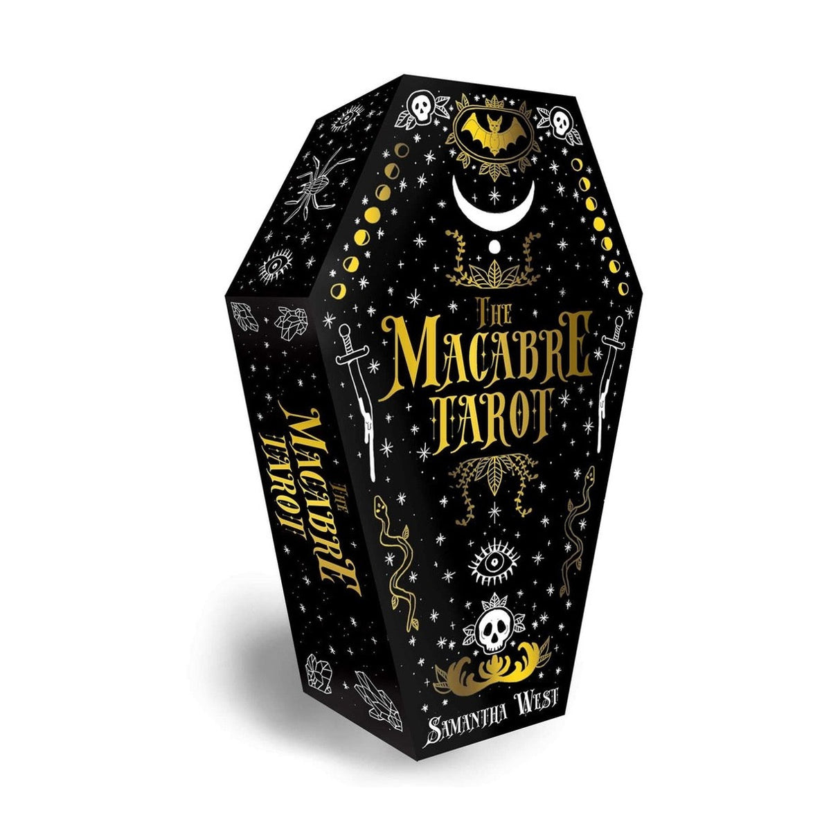 Macabre Tarot coffin-shaped box in black with gold title, crescent moon, bat and skull designs
