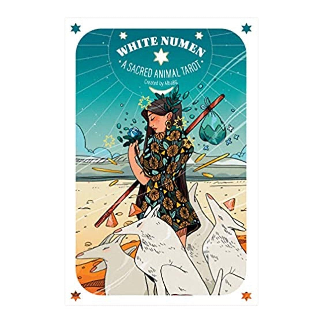 White Numen: A Sacred Animal Tarot box with a woman holding a blue rose among white animals in a desert