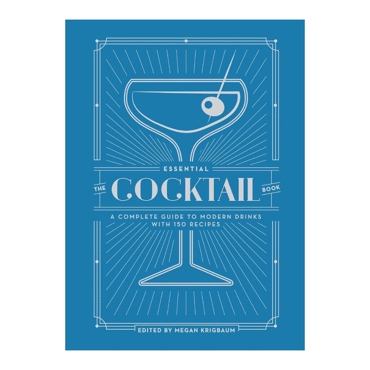 The Essential Cocktail Book cover in blue with a silver coupe glass and olive line drawing