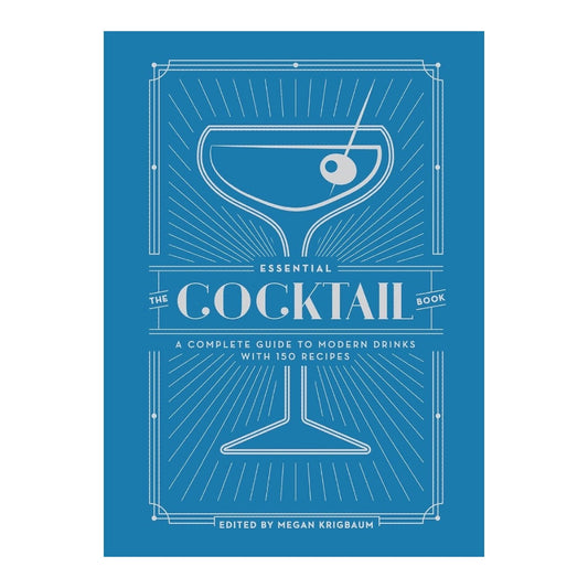 The Essential Cocktail Book cover in blue with a silver coupe glass and olive line drawing