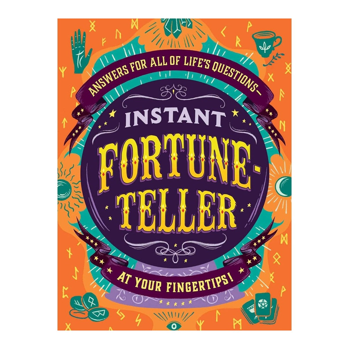 Instant Fortune-Teller book cover, orange with a purple crystal ball and Answers for all of life's questions