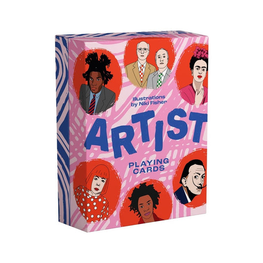 Artist playing cards box in pink and blue with illustrated portraits of famous artists in red circles