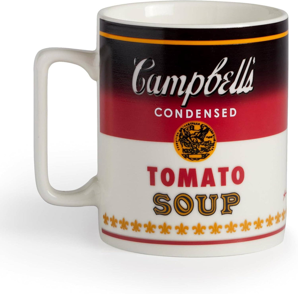 Warhol soup can mug mid-change, the label shifting from black to red as it warms