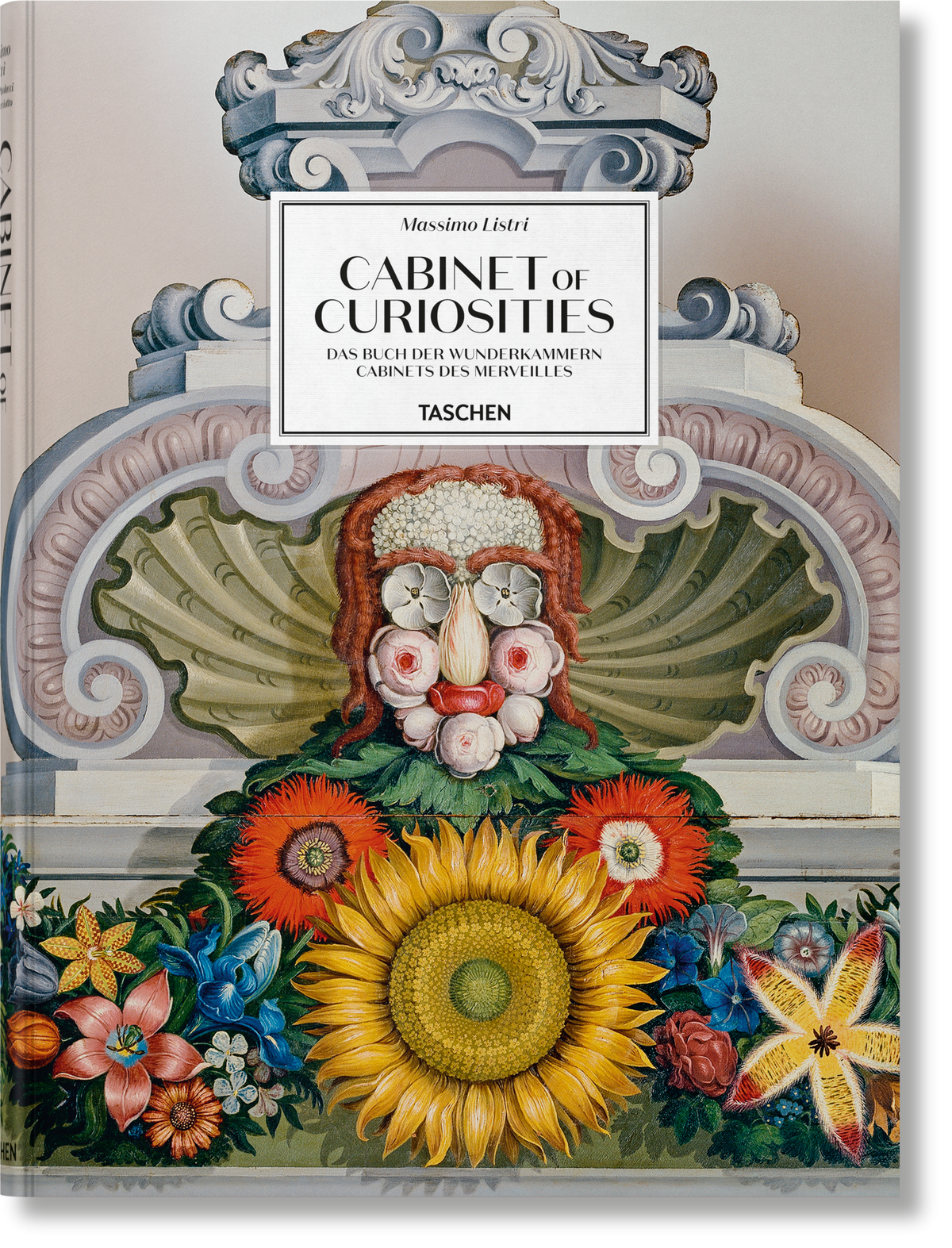 Cabinet of Curiosities cover close-up: ornate stone fountain with a fruit-faced figure and bright flowers