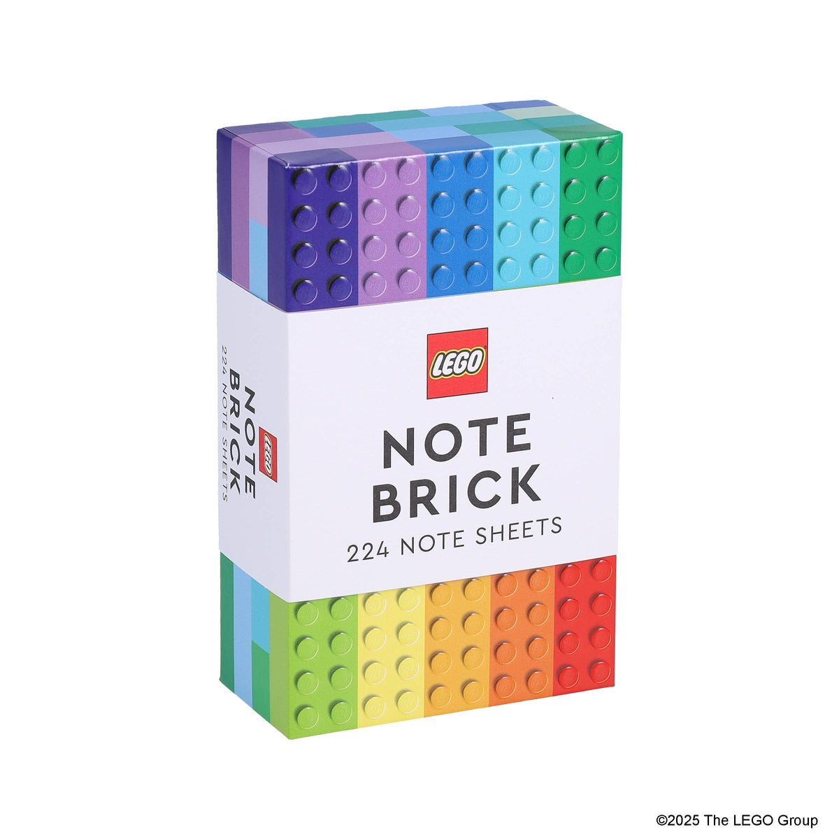 LEGO Note Brick box standing upright at an angle, top in purple, blue and green brick stripes