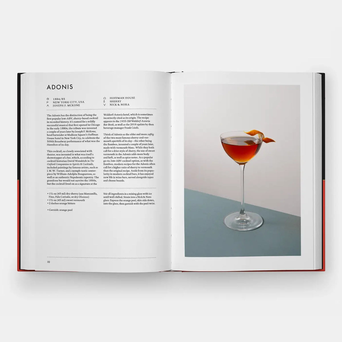 Signature Cocktails open to the Adonis recipe beside a photo of an amber drink in a stemmed glass
