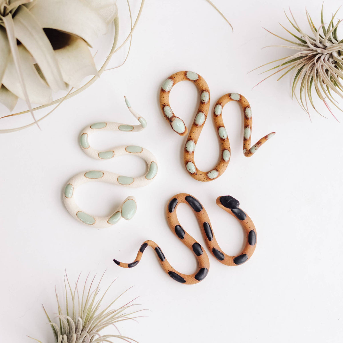 Set of three small ceramic snakes in wavy poses on white, surrounded by air plants