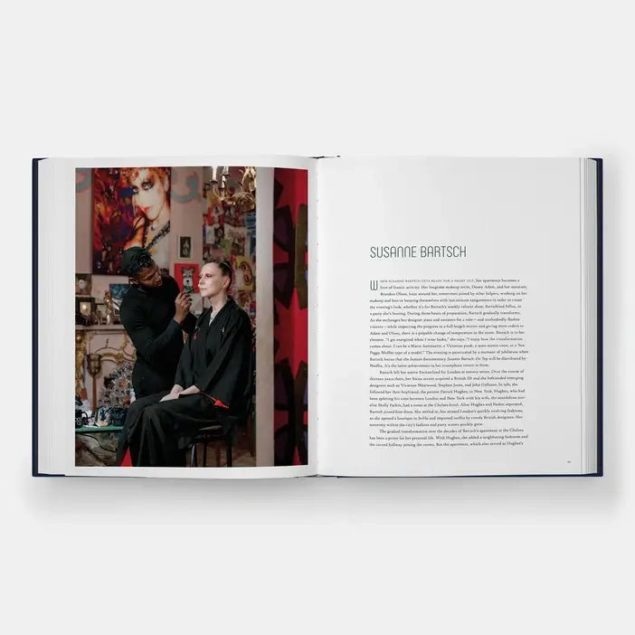 Hotel Chelsea book open to a Susanne Bartsch portrait of a woman having makeup applied