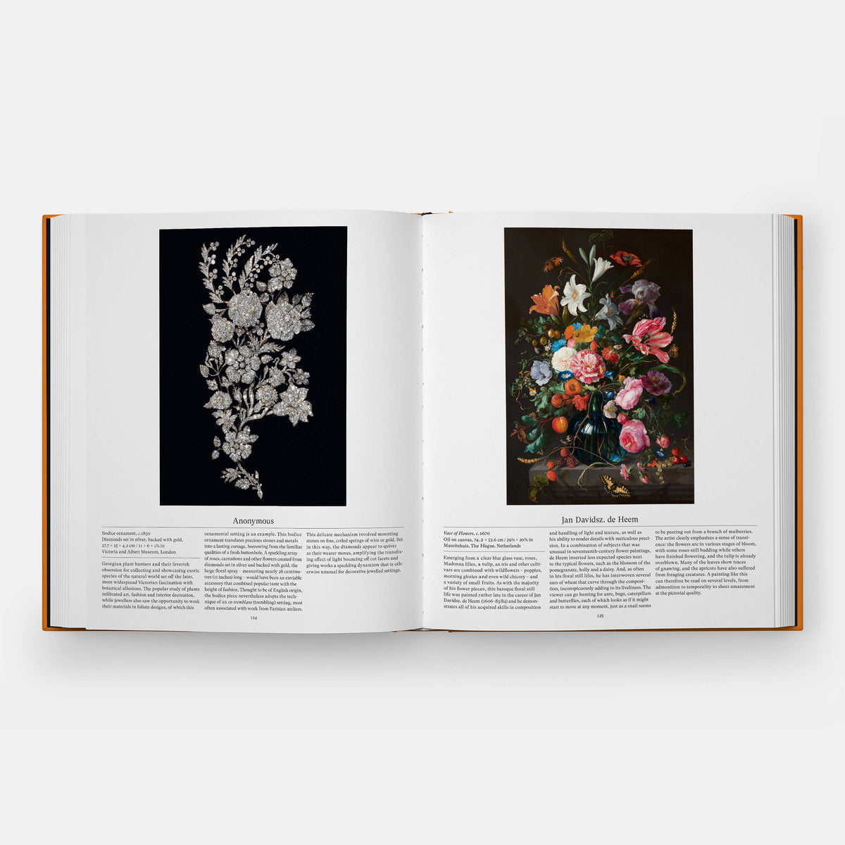 Open Flower book spread with a diamond floral brooch on black beside a Jan Davidsz. de Heem still life