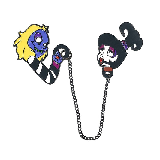 Mischievous Love enamel pin set: a ghost character and a goth girl joined by a black chain