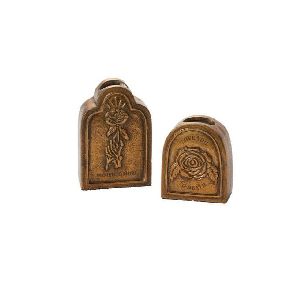 Till Death budvase set: two bronze-tone tombstone vases, one Memento mori with a hand and rose, one Love you to death