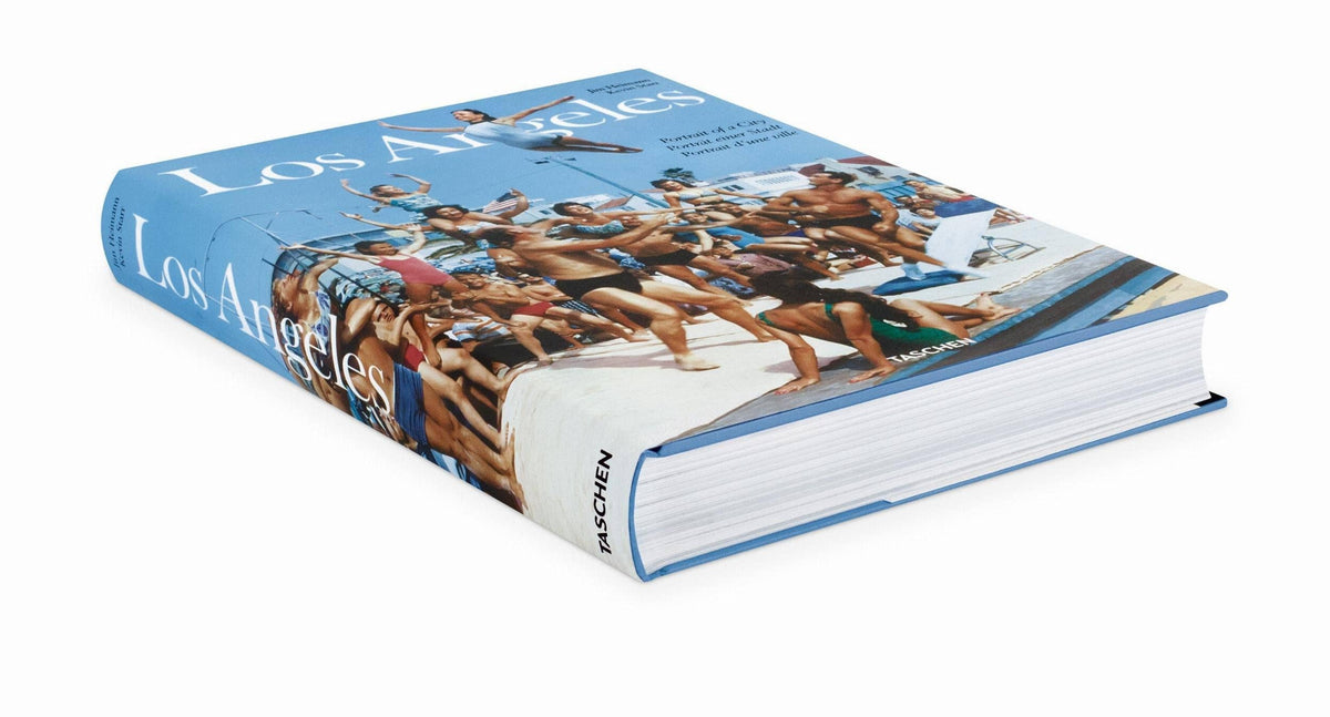 Los Angeles Portrait of a City lying flat at an angle, showing its thick page block and blue spine