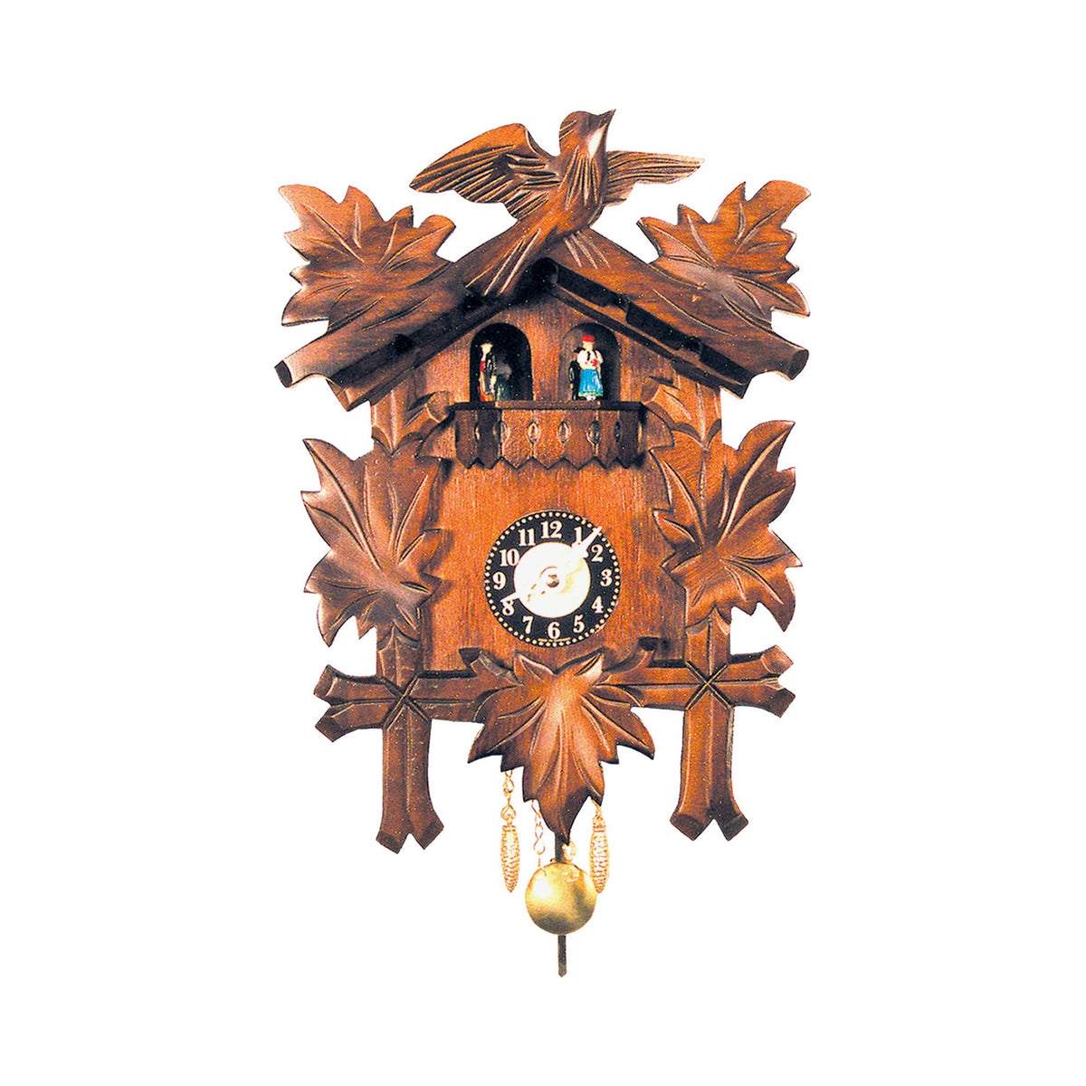 Carved Black Forest mini clock with turning dancers