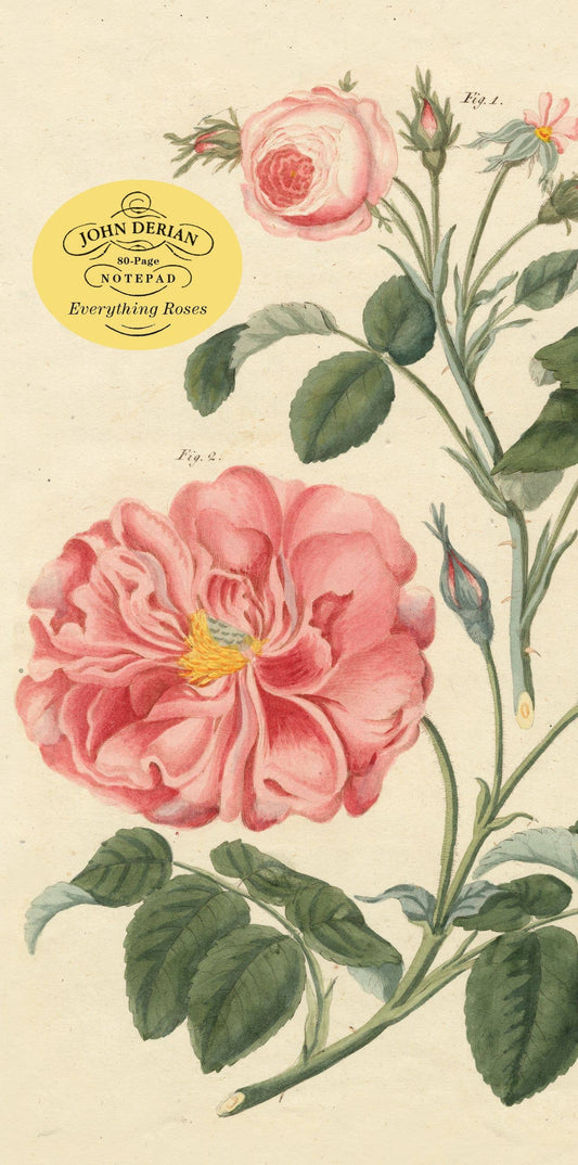Close-up of the Everything Roses notepad cover, a large antique pink rose illustration with buds and leaves