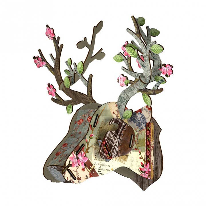 Eco deer head wall decor with patterned floral panels and antlers sprouting pink blossoms and leaves