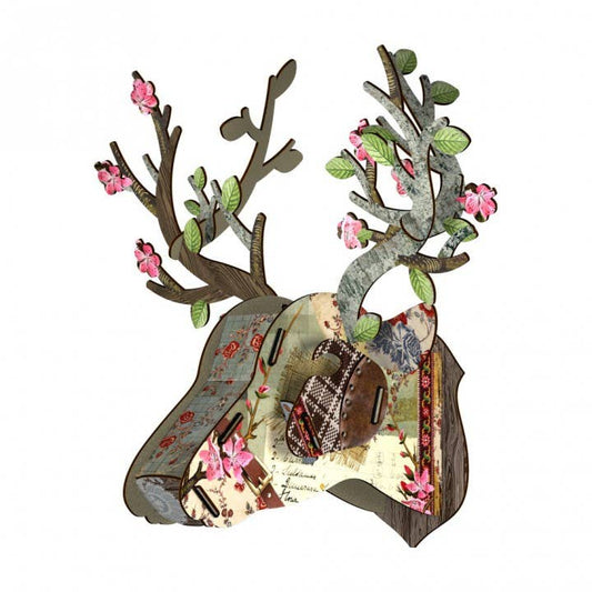 Eco deer head wall decor with patterned floral panels and antlers sprouting pink blossoms and leaves