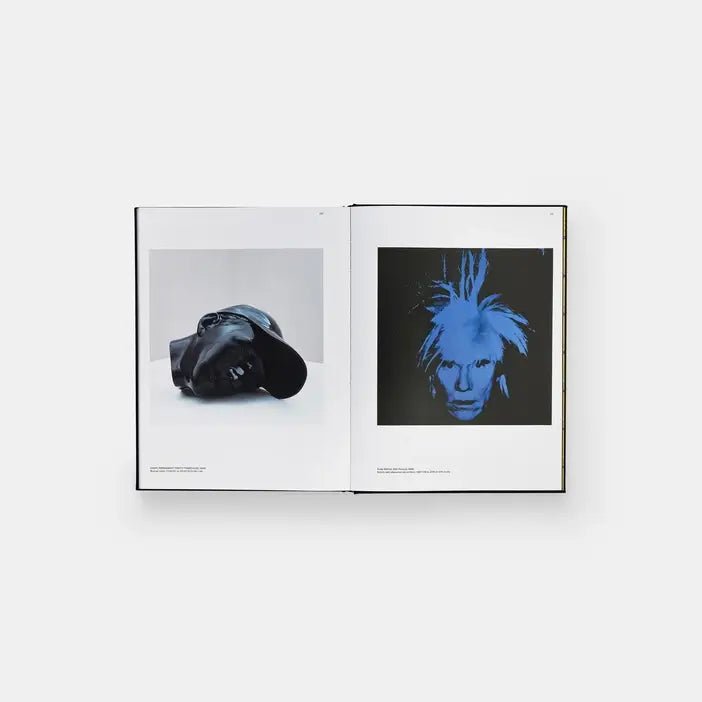 Open Kaws + Warhol spread pairing a black KAWS sculpture with a blue Warhol self-portrait on black