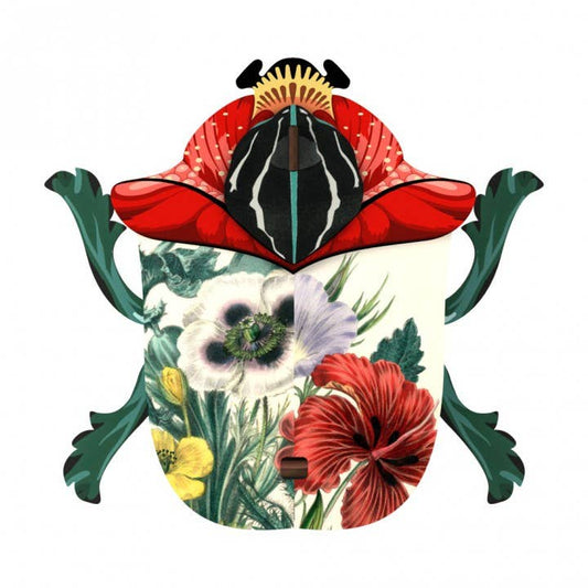 Ronnie beetle wall cabinet with a red and black head and wing doors printed with poppies and hibiscus