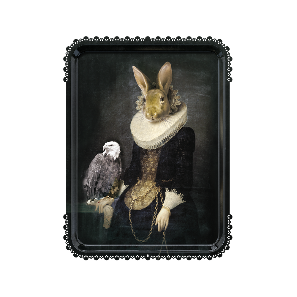 Zhao rectangular tray alone: rabbit-headed noblewoman in a dark gown and white ruff, bald eagle perched beside her