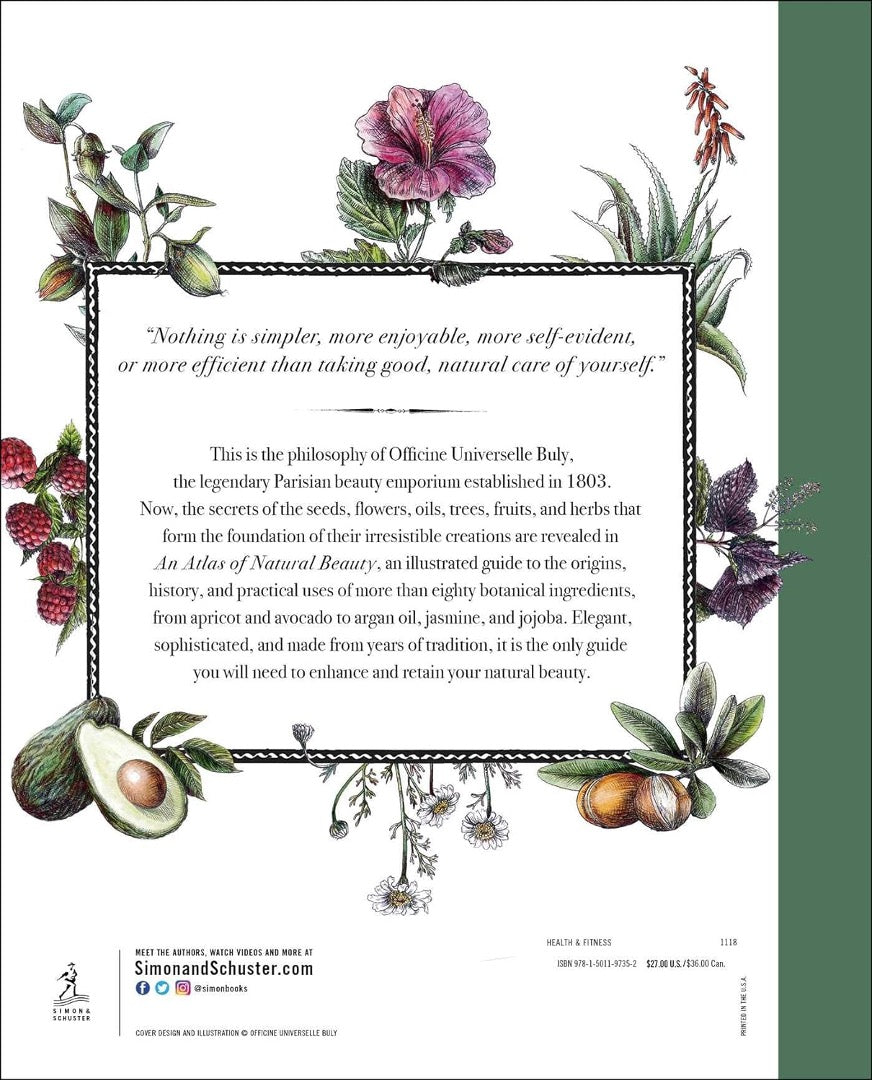 Back cover of An Atlas of Natural Beauty with hibiscus, avocado and raspberry illustrations around a quote