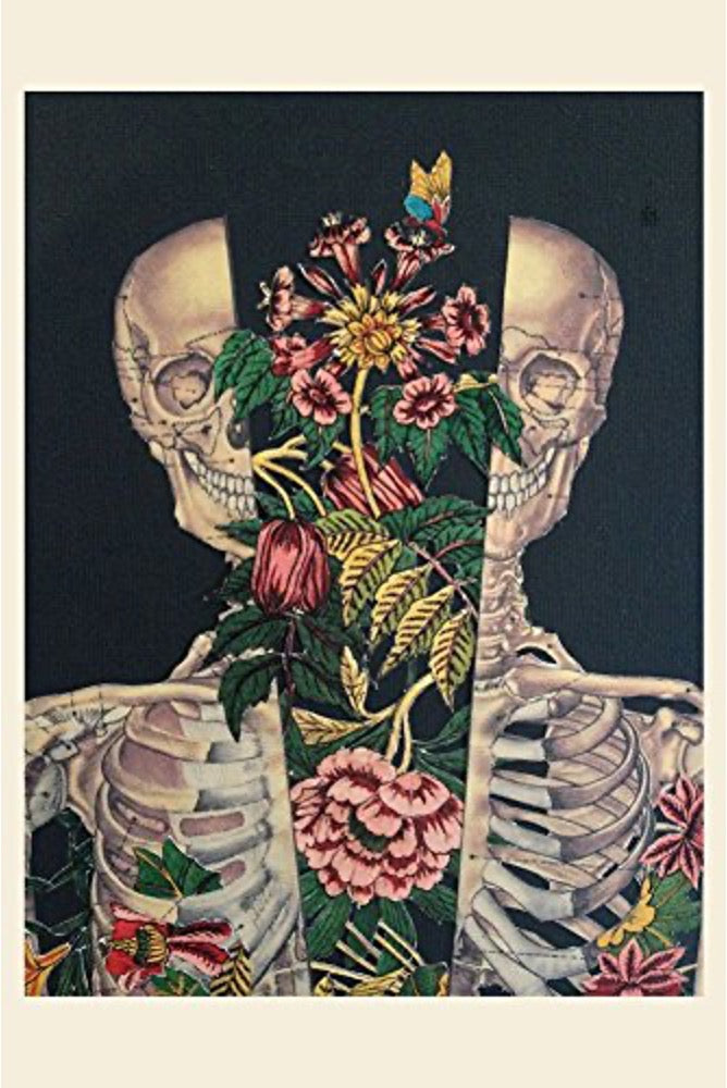 Postcard artwork of a split skeleton torso with a bouquet of pink flowers and green leaves rising up the center