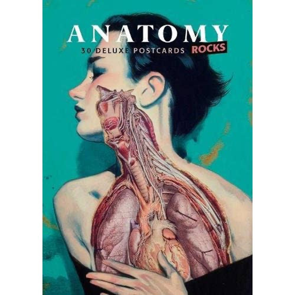 Anatomy Rocks 30 deluxe postcards cover: woman in profile with exposed neck, lungs and heart on teal