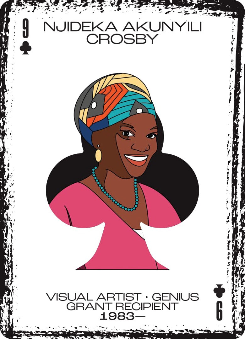 Nine of clubs Artist playing card with an illustrated portrait of Njideka Akunyili Crosby